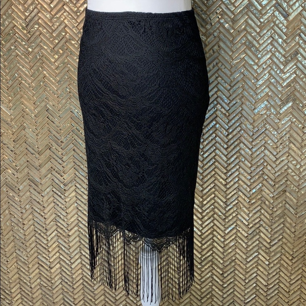 Express • Black Lace Fringed Pencil Skirt